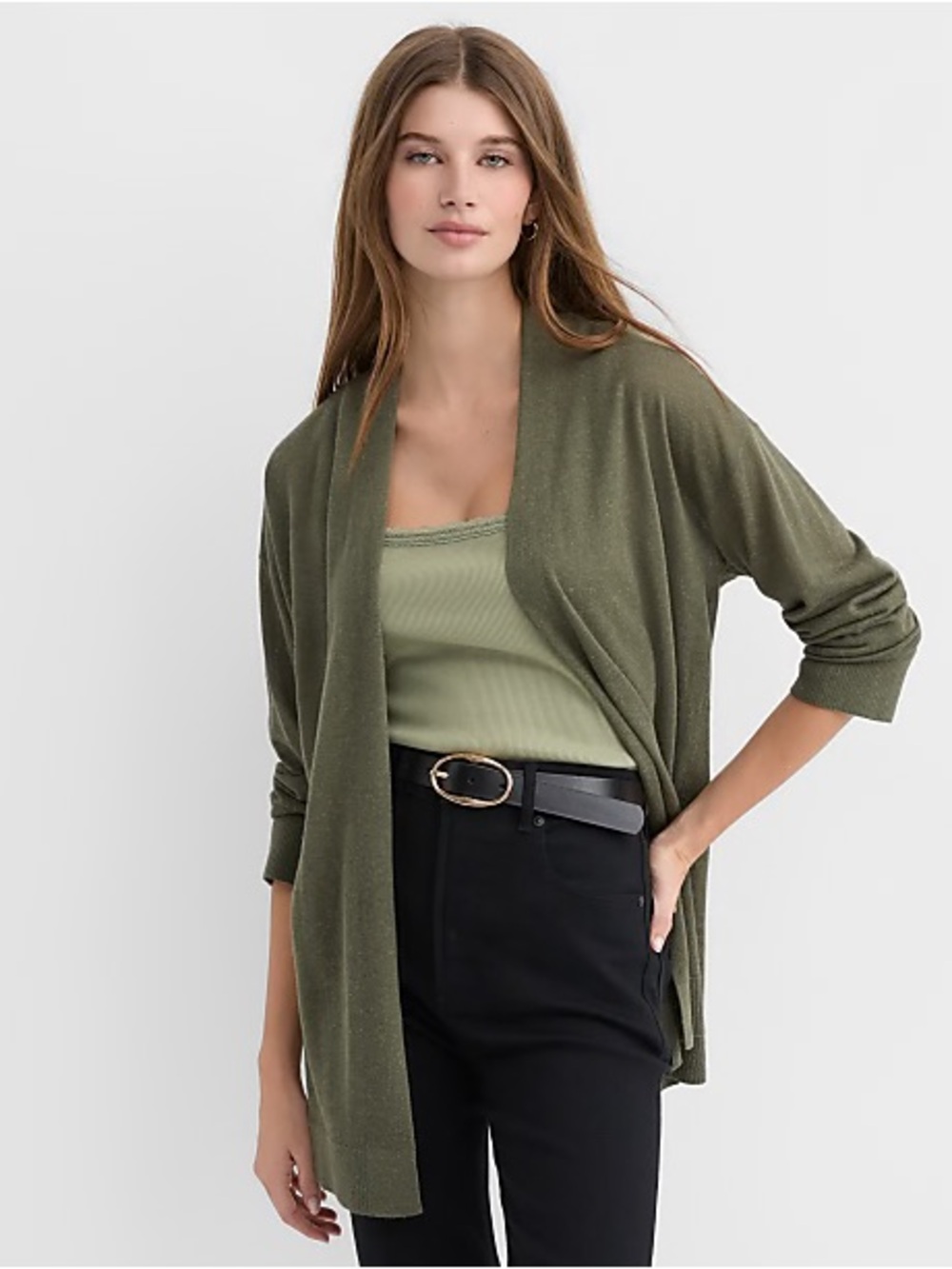 Faded Glory Olive Open-Front Cardigan with Light Olive Tank